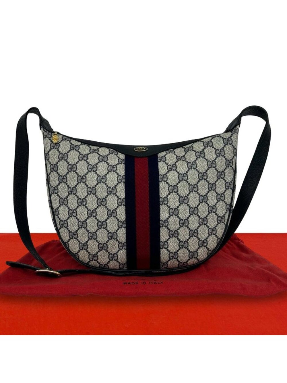 Gucci Vintage Sherry Line GG Logo Pattern Leather Shoulder Bag Pochette Navy